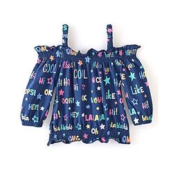 Babyhug 100% Cotton Knit Off Shoulder Full Sleeves Top With Smoking Detailing Text Print - Navy Blue