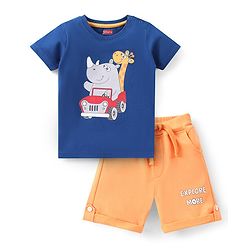 Babyhug 100% Cotton Knit Half Sleeves T-Shirt & Shorts With Rhino & Giraffe Print - Blue & Orange