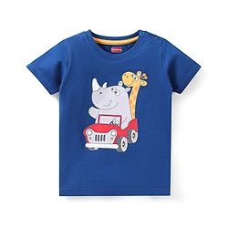 Babyhug 100% Cotton Knit Half Sleeves T-Shirt & Shorts With Rhino & Giraffe Print - Blue & Orange