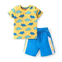 Babyhug Cotton Knit Half Sleeves Dino Printed T-Shirt & Shorts Set - Yellow & Blue