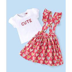 Babyhug 100% Cotton Knit Half Sleeves Top & Skirt With Heart & Text Print - White & Pink