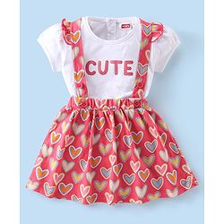 Babyhug 100% Cotton Knit Half Sleeves Top & Skirt With Heart & Text Print - White & Pink