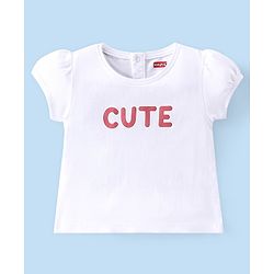 Babyhug 100% Cotton Knit Half Sleeves Top & Skirt With Heart & Text Print - White & Pink