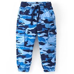 Babyhug Full Length Cotton Spandex Elasticated Trouser with Draw Cord Camouflage Print - Blue