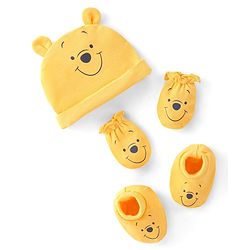 Babyhug 100% Cotton Knit Ear Applique Cap Mittens & Booties - Yellow