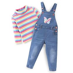Babyhug 100% Cotton Knit Dungrees & Full Sleeves Top Stripes & Butterfly Applique - Yellow Pink & Blue