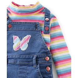 Babyhug 100% Cotton Knit Dungrees & Full Sleeves Top Stripes & Butterfly Applique - Yellow Pink & Blue