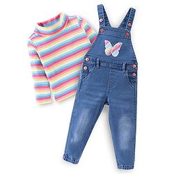 Babyhug 100% Cotton Knit Dungrees & Full Sleeves Top Stripes & Butterfly Applique - Yellow Pink & Blue