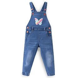 Babyhug 100% Cotton Knit Dungrees & Full Sleeves Top Stripes & Butterfly Applique - Yellow Pink & Blue