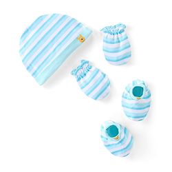 Babyhug 100% Cotton Knit Cap Mittens & Booties Set with Stripes  - Blue