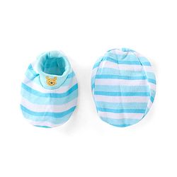 Babyhug 100% Cotton Knit Cap Mittens & Booties Set with Stripes  - Blue