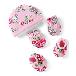 Babyhug 100% Cotton Knit Cap Mittens & Booties Set Floral Print - Pink