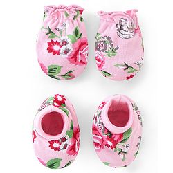Babyhug 100% Cotton Interlock Knit Mittens And Booties Floral Print - Pink