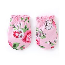 Babyhug 100% Cotton Interlock Knit Mittens And Booties Floral Print - Pink