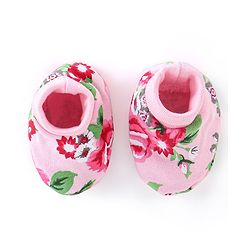 Babyhug 100% Cotton Interlock Knit Mittens And Booties Floral Print - Pink