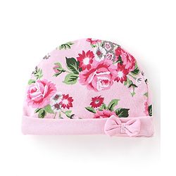 Babyhug 100% Cotton Knit Floral Print Cap with Bow Applique - Pink