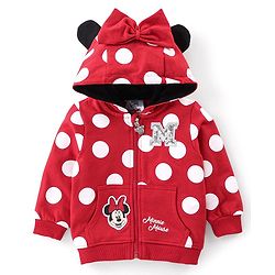 Babyhug 100% Cotton Knit Full Sleeves Hooded Sweatjacket with Zipper & Minnie Mouse Graphics Print & Bow Applique On Hoodie - Red