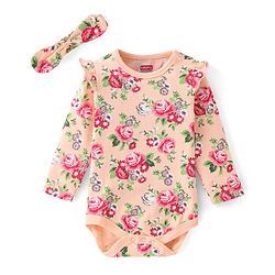 Babyhug 100% Cotton Full Sleeves Onesie with Headband Floral Printed - Peach