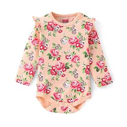 Babyhug 100% Cotton Full Sleeves Onesie with Headband Floral Printed - Peach