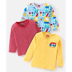 Babyhug Cotton Knit Full Sleeves Vests Vehicle Print Pack of 3 - Yellow Red & Blue
