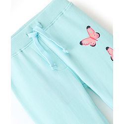 Babyhug Cotton Looper Knit Full Length Butterfly Printed Lounge Pant - Mint Blue
