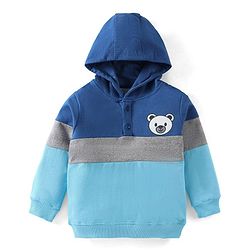 Babyhug Cotton Knit Full Sleeves Sweatshirt with Bear Graphics & Hood - Blue