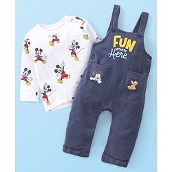Babyhug 100% Cotton Knit Mickey Mouse Printed Dungaree with Full Sleeves Inner Tee - White & Blue