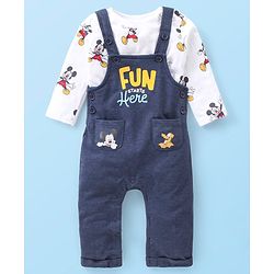 Babyhug 100% Cotton Knit Mickey Mouse Printed Dungaree with Full Sleeves Inner Tee - White & Blue