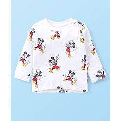Babyhug 100% Cotton Knit Mickey Mouse Printed Dungaree with Full Sleeves Inner Tee - White & Blue