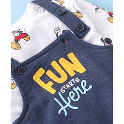 Babyhug 100% Cotton Knit Mickey Mouse Printed Dungaree with Full Sleeves Inner Tee - White & Blue
