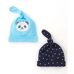 Babyhug 100% Cotton Cap  with Panda Face Print Pack of 2 - Navy Blue