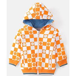 Babyhug Full Sleeves Zipper Sweatjacket with Hood & Checks - White & Yellow