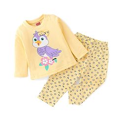 Babyhug Cotton Knit Full Sleeves Owl Printed Night Suit - Yellow