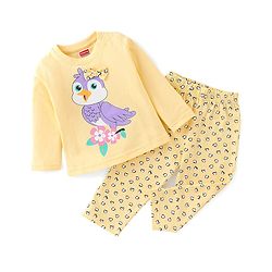 Babyhug Cotton Knit Full Sleeves Owl Printed Night Suit - Yellow