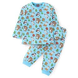 Babyhug Cotton Knit Full Sleeves Night Suit Teddy & Bunny Print - Blue