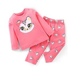 Babyhug Cotton Knit Full Sleeves Night Suit Kitty Print - Pink