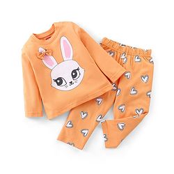 Babyhug Cotton Knit Full Sleeves T-Shirt & Pyjama Set Marie Print & Bow Applique - Orange
