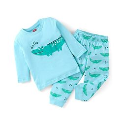 Babyhug Cotton Knit Single Jersey Full Sleeves Night Suit With Crocodile Print - Blue