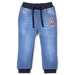 Babyhug Denim Cotton Elastane Full Length Jogger With Stretch Text Embroidery - Blue