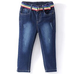 Babyhug Full Length  Jeans With Stretch Solid Color   Fly With Zipper -  Blue