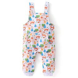 Babyhug Cotton Knit Fox Printed Dungaree with Full Sleeves Solid Colour T-Shirt - Blue & Offwhite