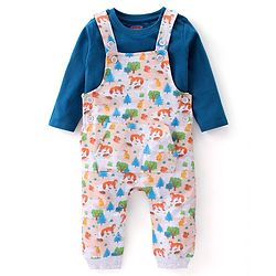 Babyhug Cotton Knit Fox Printed Dungaree with Full Sleeves Solid Colour T-Shirt - Blue & Offwhite
