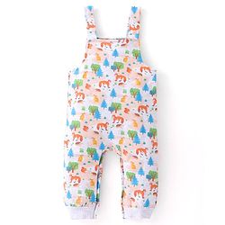 Babyhug Cotton Knit Fox Printed Dungaree with Full Sleeves Solid Colour T-Shirt - Blue & Offwhite