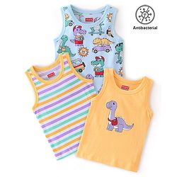 Babyhug 100% Cotton Knit Antibacterial Sleeveless Sando Dino Print Pack of 3 - Multicolour