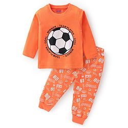 Babyhug Cotton Knit Full Sleeves Soccer Printed Night Suit - Orange
