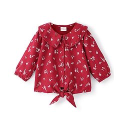 Babyhug 100% Rayon Woven Full Sleeves Top With Peterpan Collar Frill & Lace Detailing Floral Print - Maroon
