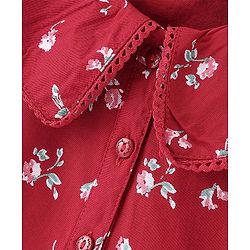 Babyhug 100% Rayon Woven Full Sleeves Top With Peterpan Collar Frill & Lace Detailing Floral Print - Maroon