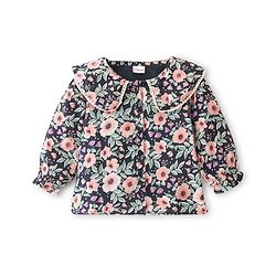 Babyhug Rayon Woven Full Sleeves Floral Printed with Lace & Frill Detailing Top - Navy