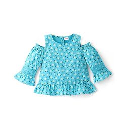 Babyhug Rayon Full Sleeves Cold Shoulder Floral Printed with Lace Detailing Top - Blue