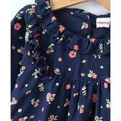 Babyhug Rayon Full Sleeves Floral Printed Top with Frill Detailing - Navy Blue